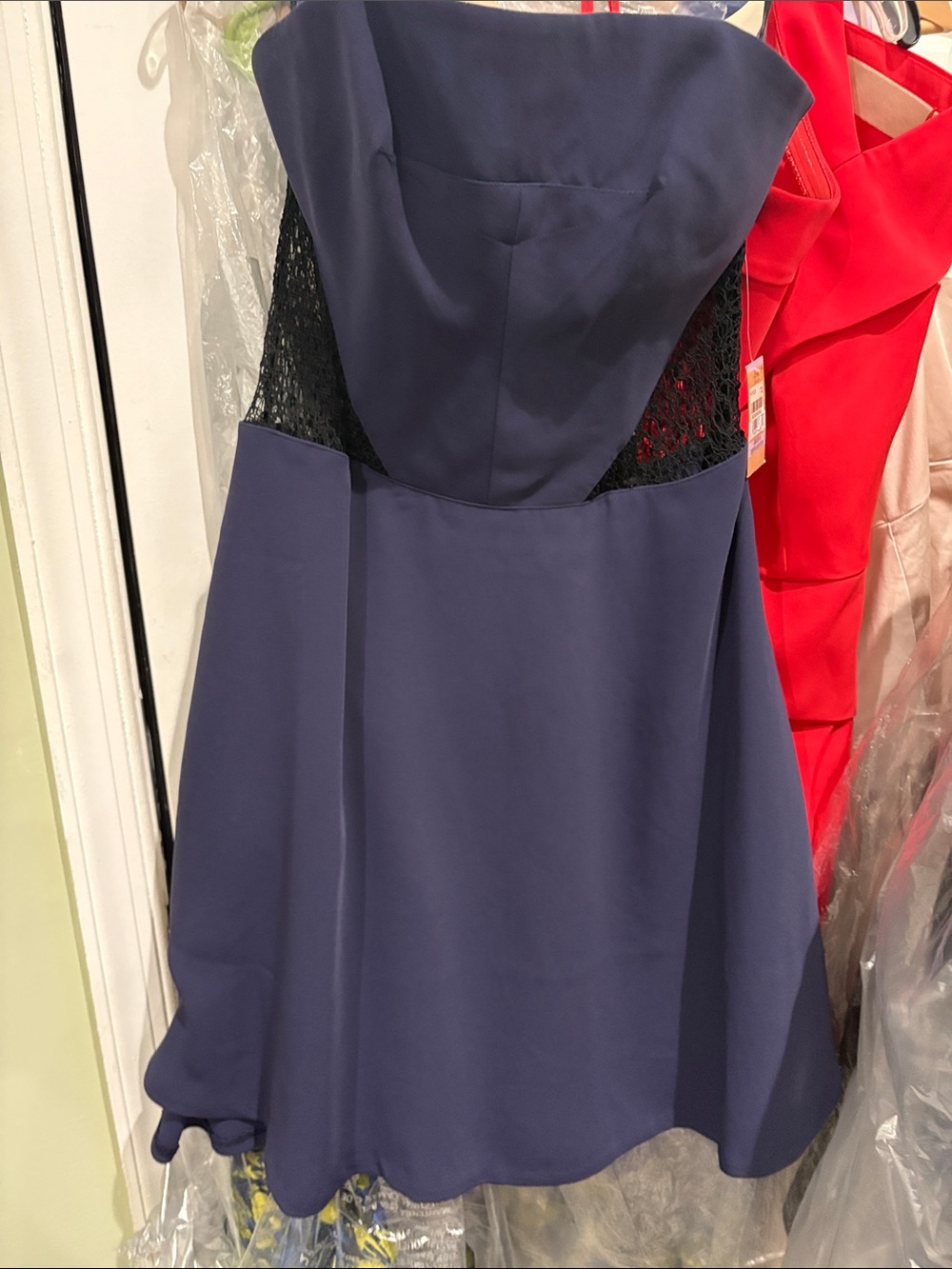 RACHEL Rachel Roy Strapless Navy Dress with Black Lace Insets